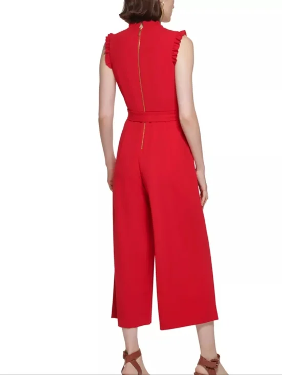 Calvin Klein Sleeveless Red Wide-Leg Jumpsuit with Waist Tie - Picture 2 of 8